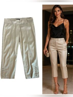 Bebe Champagne Satin Capri Pants Women’s Size 6 Button Hem Evening Dressy Chic